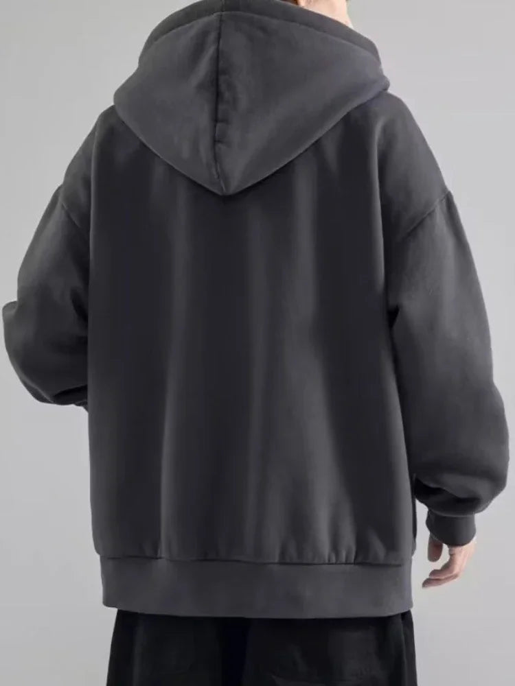 Male Clothes Black Solid Sweatshirt For Men Full Zip Up Hooded Hoodies Winter Young On Sale Offers High Quality Korean Style S