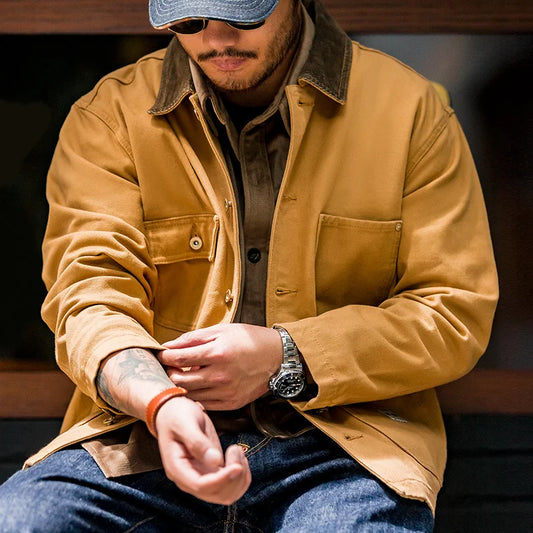 Maden Vintage Heavyweight Michigan Chore Jackets Multi-Pocket Canvas Hunting Coat for Men's Autumn Loose Lapel Collar Outwear