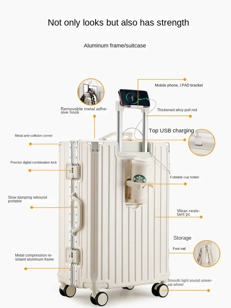 New Fashion Carrier 28-inch Suitcase with USB Charger Luggage Aluminium Frame Cabin Trolley Case Travel Bags Spinner Wheels 20''