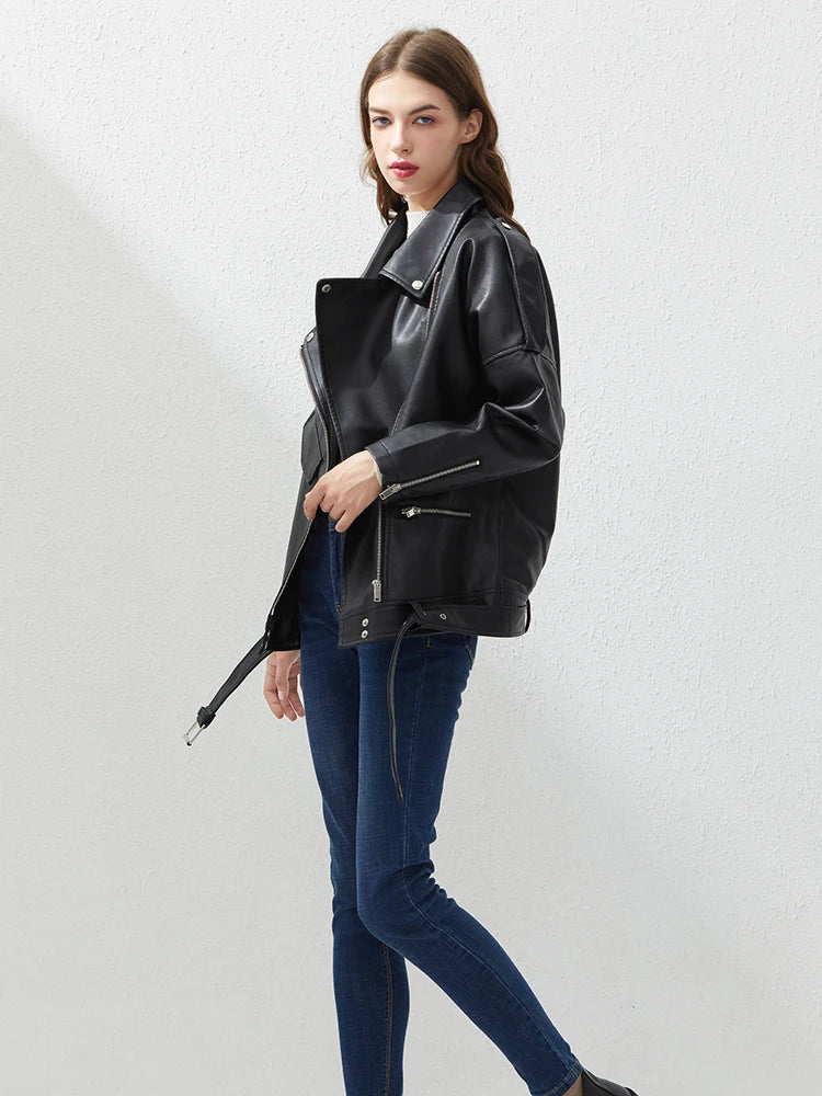 Fitaylor PU Faux Leather Jacket Women Loose Sashes Casual Biker Jackets Outwear Female Tops BF Style Black Leather Jacket Coat