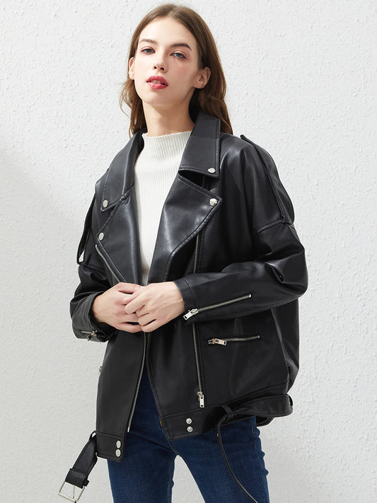 Fitaylor PU Faux Leather Jacket Women Loose Sashes Casual Biker Jackets Outwear Female Tops BF Style Black Leather Jacket Coat